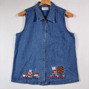 Vintage CC Hughes Denim Apple Bear Embroidered Zip Up Vest Cottagecore sz Medium